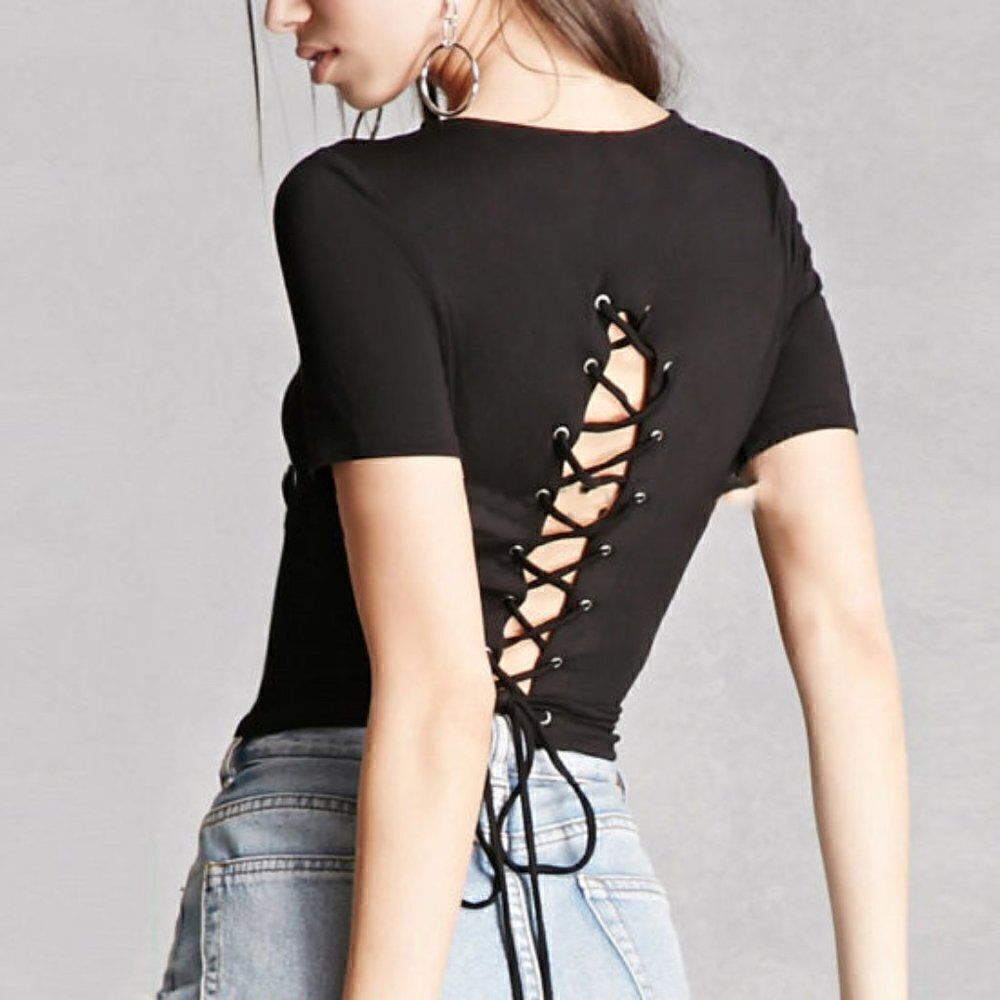 Cropped Lace Up Back Top Sz 10
